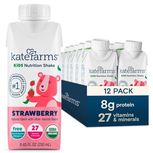 KATE FARMS Organic Kids Nutrition Shake,Strawberry, 8g of protein, 27 Vitamins and Minerals, Meal Replacement Drink, Protein Shake, Gluten Free, Non-GMO, 8.45 Fl oz (Pack of 12) - Image 1