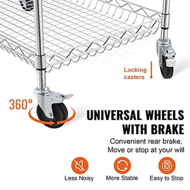 VEVOR Kitchen Utility Cart, 3 Tiers, Wire Rolling Table with 661 LBS Capacity, Steel Service Desk on Wheels, Metal Storage Trolley with 80 mm Deep Basket Curved Handle 6 Hooks - Image 5