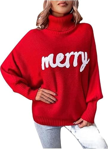 Women Merry Christmas Sweater 2025 Funny Holiday Knitted Sweaters Oversized Turtleneck Batwing Sleeve Xmas Pullover Tops Red - Image 1