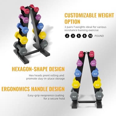 Fitvids Neoprene Dumbbell Set with Rack, 5/8/12LB Pairs, 50LB Set with Rack - Image 4