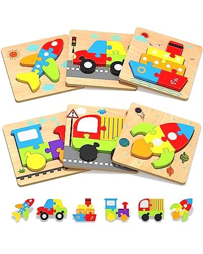 Yetonamr Wooden Toddler Puzzles Gifts Toys for 1 2 3 Years Old Boys Girls, 6 Vehicle Shape Montessori Toys Educational Blocks Kids Gift Baby Learning Toy Age 1-3, 2-4 - Image 1