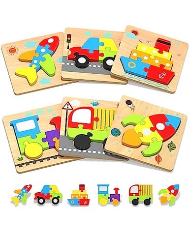 Yetonamr Wooden Toddler Puzzles Gifts Toys for 1 2 3 Years Old Boys Girls, 6 Vehicle Shape Montessori Toys Educational Blocks Kids Gift Baby Learning Toy Age 1-3, 2-4 - Image 1