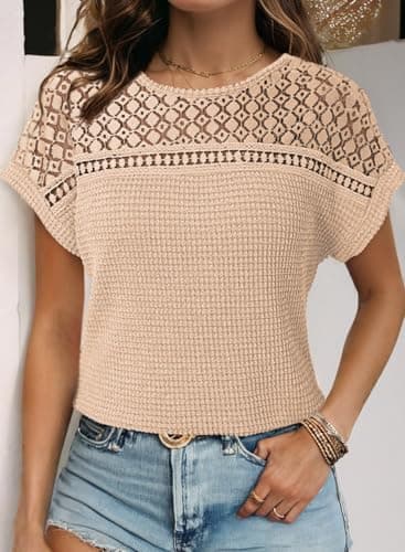 Dokotoo Womens Tops Summer Waffle Knit Oversized Shirt Henley Short Sleeve Tunic Tops Casual School Outfits for Teachers Loose Blouses Solid Color Tee T Shirts for Women 2025 Fashion Beige L - Image 3