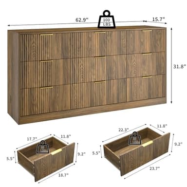 NOVAMAISON Dresser for Bedroom with 9 Drawer, 63” Wide Wooden Dresser Mid Century Chest of Drawers with Metal Handle, Dressers TV Stand Storage Organizer for Closet, Bedroom, Living Room, Walnut - Image 2