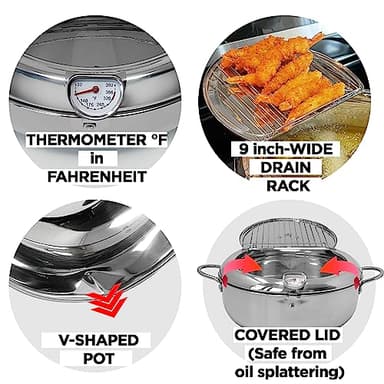 Saltlas Deep Fryer Pot (°F), 11"/4.4Qt (4.2 L) Extra Large Tempura Frying Pot with Lid, 304 Stainless Steel Fry Pot with Fahrenheit Thermometer and Oil Drip Drain Rack - Image 5