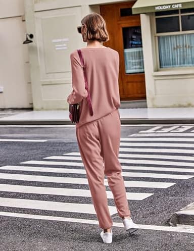 Ekouaer Pajamas Women's Waffle Knit Sleepwear Long Sleeve Top with Pants Casual Pjs Loungewear Set Baby Pink,XX-Large - Image 4