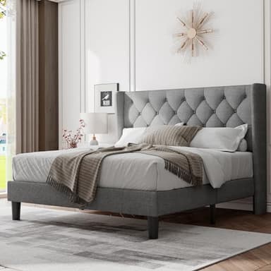 Feonase Queen Bed Frame with Upholstered Wingback Headboard, Platform Bed and Heavy Duty Wooden Slats Support, Easy Assembly, Noise-Free, No Box Spring Needed, Light Gray - Image 1