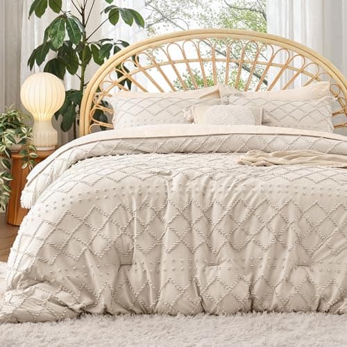 Bedsure Queen Comforter Set - Beige Comforter, Boho Tufted Shabby Chic Bedding for Kids, 3 Pieces Vintage Farmhouse Bed Set for All Seasons, Fluffy Soft Bedding with 2 Pillow Shams - Image 1