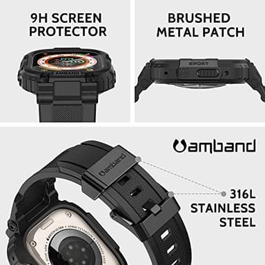 amBand Bands Case Screen Protector Compatible with Apple Watch Ultra 3/2/1 49mm for Men, M1 Sport Series Rugged Cover Strap and 9H Tempered Glass, Military Protective Bumper for iWatch 49 mm Men Black - Image 3