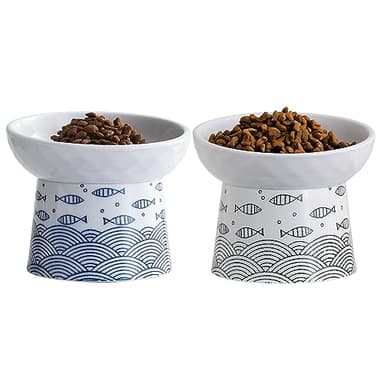 Tilted Ceramic Raised Cat Bowls, 8 OZ Elevated Food and Water Bowls,Porcelain Stress Free Pet Feeder Dish for Cats and Kittens, Puppies, 2 Pack(Black&Blue) - Image 1