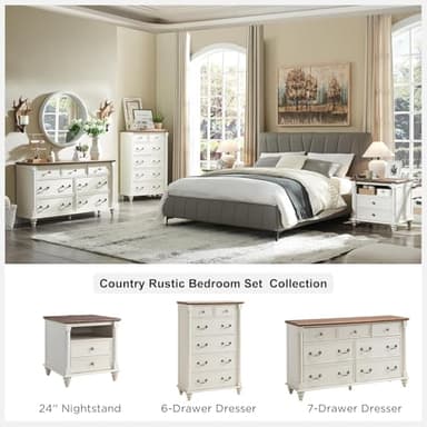 T4TREAM Farmhouse 7 Drawers Dresser Chests for Bedroom with 4 Solid Wood Feet, Tall Wide Wood Country Rustic Chest of Drawers, Storage Dressers for Bedroom, Living Room, Antique White - Image 6