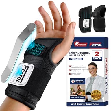 FEATOL 2 Pack Carpal Tunnel Wrist Brace For Work With Wrist Splint, 6.5'' Wrist Brace Night Support For Women Men, Pain Relief For Tendonitis, Arthritis, Pregnancy, Typing, Right and Left Hand, Medium - Image 1
