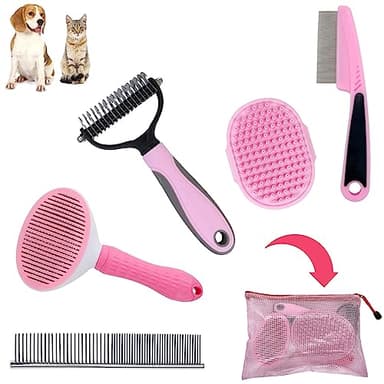MASTER QUEEN Dog Grooming Kit - Deshedding Brush for Short Hair, Slicker Brush, Flea Comb, Puppy Brush Set in Pink - Image 1