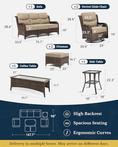 HILLGA Luxury Patio Furniture Set with 6-inch Thick Cushion, Outdoor Couch and High Back Swivel Rocker Patio Chairs, 7PCS Wicker Conversation Set for Deck Yard and Poolside, Beige (V2) - Image 6