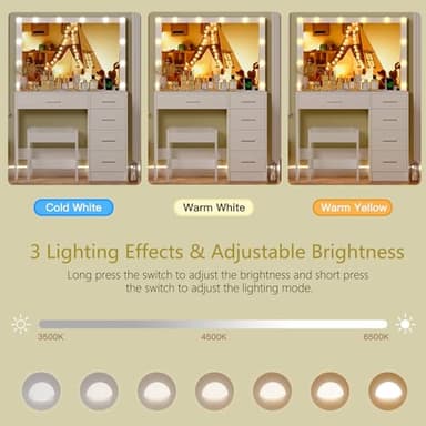 usikey Vanity Desk with Mirror and Lights, Vanity with Charging Station, Makeup Vanity with Large Mirror & 5 Drawers, Dressing Vanity Table with Stool for Bedroom, White - Image 6