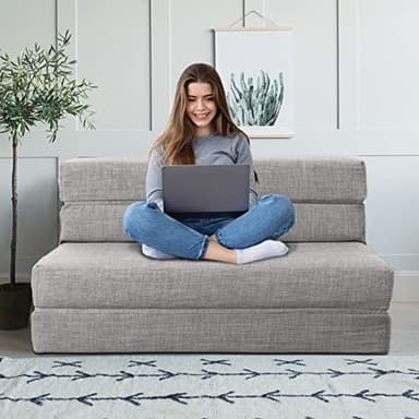 ANONER 60" Folding Sleeper Chair Sofa Bed Lazy Couch with 2 Pillows, Queen Size Memory Foam Washable Cover, Light Gray - Image 7