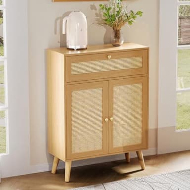 Iwell Storage Cabinet with Adjustable Shelf, Rattan Cabinet with Large Drawer, Sideboard Bufffet Cabinets, Bathroom Storage Cabinets, Accent Cabinets for Entryway, Natural - Image 5