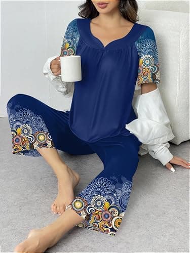 Ekouaer Capri Pajamas Short Sleeve Mumu Pjs Sets 2 Pieces Pleated Top and Capri Pants Sleepwear Loungewear for Women Blue Print Large - Image 4