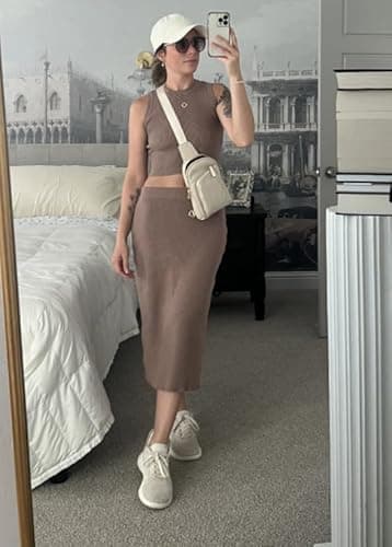 Arach&Cloz Women's Two Piece Sets Spring Bodycon Dresses Summer Vacation Outfits Tank Top and A Line Midi Skirt 2025 Knit Suits (Coffee,M) - Image 4