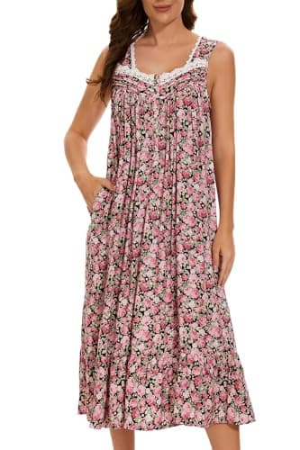 AVIIER Cotton Nightgowns for Women Sleeveless House Dress Ladies Long Nightdress with Pockets (Black Rose, Large)… - Image 1