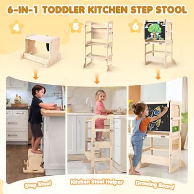 Woodure 6 in-1 Toddler Kitchen Step Stool with Wooden Stool, Foldable Learning Standing Tower with Blackboard & Feeding Tray, Wooden Kitchen Stool Helper for Kids, 1-3 Year Old Boy Girl Gifts - Image 6
