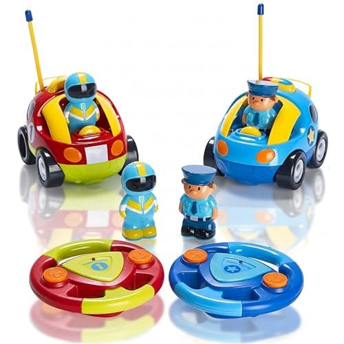 PREXTEX Cartoon Remote Control Car - 2-Pack Police and Race Car Toddler Toys - RC Cars for Kids with Different Frequencies - Easy Remote Control Toy and Thoughtful Gifts for Boys and Girls - Image 1