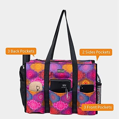 TOPDesign Utility Water Resistant Tote Bag with 13 Exterior & Interior Pockets, Top Zipper Closure & Thick Bottom Support, for Working Women, Teachers, Nurses, Accountants (Yoga Totem) - Image 3
