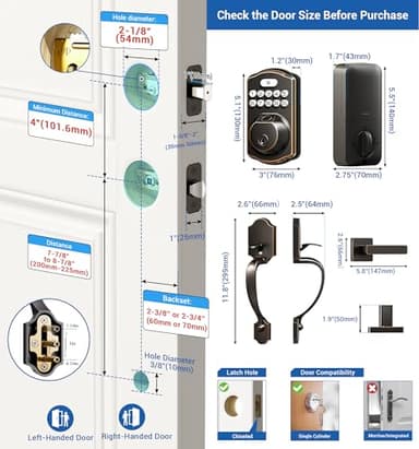 Veise Fingerprint Door Lock Set, Keyless Entry Door Lock, Front Handle Set, Electronic Keypad Deadbolt with Lever Handle, 2 Keys, Auto-Locking, One-time Codes, Easy to Install, Oil Rubbed Bronze - Image 6