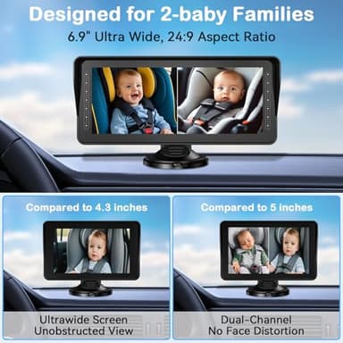 Dual Baby Car Camera for 2 Kids - 6.9'' Split Screen Ultrawide HD Display with Two Cameras, Easy Setup, Rotatable Night Vision Cameras, Ideal for Parents, Grandparents, Safe & Clear Viewing - Image 2
