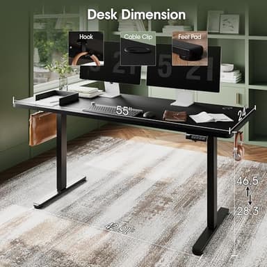 Monomi Electric Height Adjustable Standing Desk, 55x24 Inches, Ergonomic Home Office Sit/Stand Up Desk (Black Steel Frame/Black Top) - Image 3