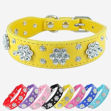 Rhinestone Flower Dog Collar - Sparkling Leather Pet Collar - for Small and Medium Dogs (Yellow XS) - Image 1