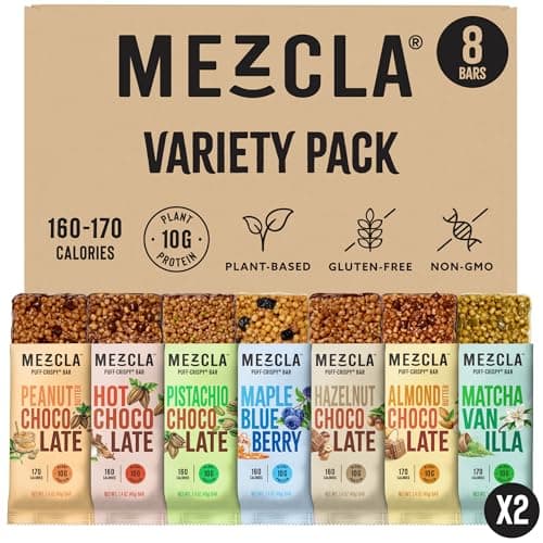 Mezcla Puff Crispy Protein Bars, Gluten Free & Vegan Protein Bars, 10g Protein, Alt for Crispy Rice Treat, Granola Bars & Breakfast Bars, Healthy Snacks for Adults, Variety Pack, 8 Count