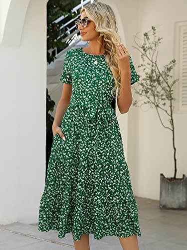 Lyrur Wedding Guest Dresses for Women Short Sleeve Belted Tiered Ruffle Summer Casual Sundress with Pockets(L,9191-GN Floral) - Image 6