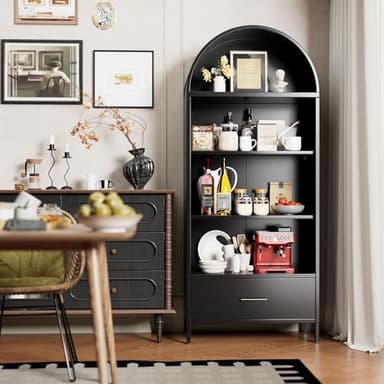 VEXPOR 73 in Tall Metal Arched Cabinet, 4-Tier Arched Bookcase with Drawer, Modern Farmhouse Bookshelf with 2 Adjustable Shelves, Kitchen Pantry Cabinet for Living Room, Black, Assembly Required - Image 6