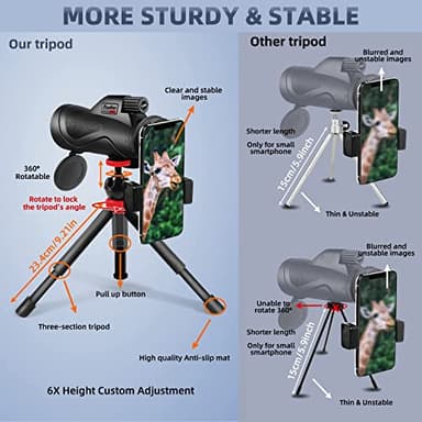 12x60 Monocular Telescope High Powered with Smartphone Adapter Tripod and Portable Bag, Larger Vision Monoculars for Adults with BAK4 Prism & FMC Lens, Suitable for Bird Watching Hiking Travel - Image 6