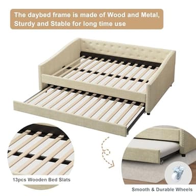 FAVSH Full Size Upholstered Daybed with Trundle,Tufted Sofa Bed w/Button on Back and Piping on Waved Shape Arms for Bedroom Guest Room, No Box Spring Needed,Beige - Image 5