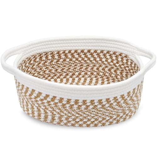 ABenkle Small Basket, 12"x 8" x 5" Cute Small Woven Basket, Rope Room Shelf Storage Basket, Cat Dog Toys Basket Chest Box, Decorative Empty Gift Basket with Handles - Image 1