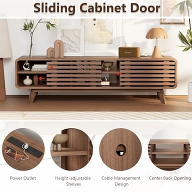 Royal Windsor Modern TV Stand for Living Room, Media Console Cabinet with Socket, Large Entertainment Center with Storage, TV Table with Slatted Sliding Doors and Open Shelves, Reddish Brown - Image 6