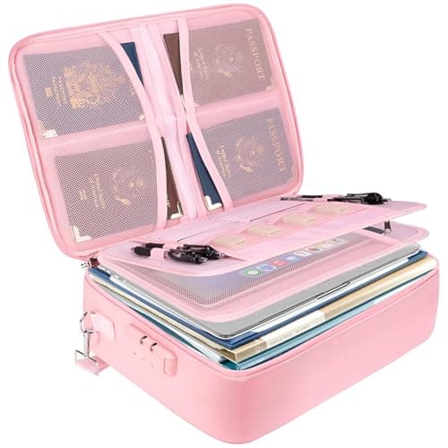 BALEINE Fireproof Document Box with Lock, Portable Fireproof Document Bag Waterproof Fire Proof File Boxes for Documents, File Organizer Box for Important Paperwork (Pink, 15''x11''x4'') - Image 1