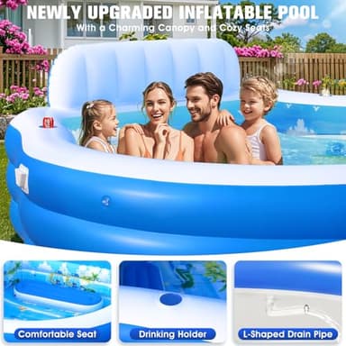 2025 Upgraded Inflatable Pool with Canopy, Inflatable Family Lounge Pool, Round Blow Up Pool for Adult with Bench & Backrest, Swim Center Easy Backyard Pools for Kids & Adults, 90"x90"x80", Blue - Image 6