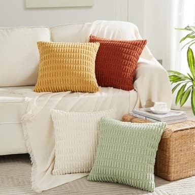 Fancy Homi 4 Packs Boho Fall Decorative Throw Pillow Covers 18x18 Inch for Living Room Couch Bed Sofa, Rustic Farmhouse Home Decor, Soft Plush Striped Corduroy Square Cushion Case 45x45 cm - Image 7