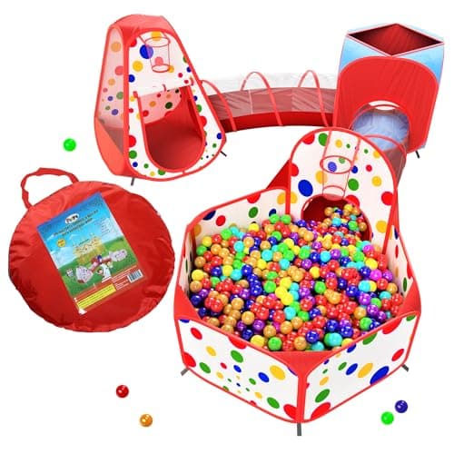 Playz 5-Piece Kids Play Tents Crawl Tunnels and Ball Pit Popup Bounce Playhouse Tent with Basketball Hoop for Indoor and Outdoor Use with Red Carrying Case - Image 1