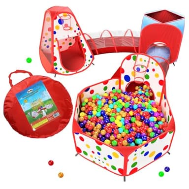 Playz 5-Piece Kids Play Tents Crawl Tunnels and Ball Pit Popup Bounce Playhouse Tent with Basketball Hoop for Indoor and Outdoor Use with Red Carrying Case - Image 1