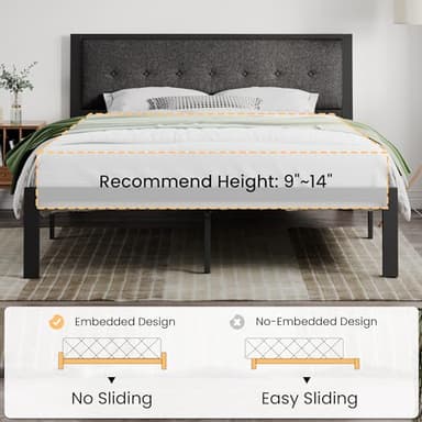 SHA CERLIN King Size Platform Bed Frame with Upholstered Headboard, Metal Slats Support, Button Tufted Square Stitched Headboard, Noise Free, No Box Spring Needed, Easy Assembly, Dark Grey - Image 7