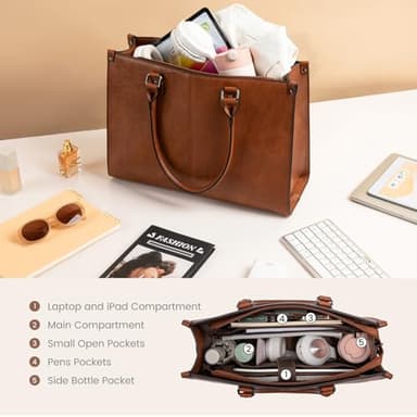 LOVEVOOK Laptop Tote Bag for Women, 15.6 Inch Large Capacity Vintage Leather Work Computer Bag, Business Casual Shoulder Handbag, Dark Brown - Image 4
