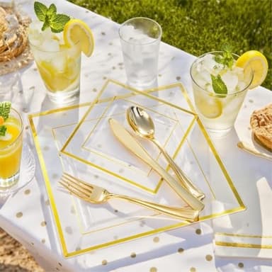 Festiva 350Pcs Clear Plastic Plates with Gold rim - Clear Gold Disposable Dinnerware for 50 Guests include 100 Square Plastic Plates 50Cups 50Cutlery 50Napkins Perfect for Thanksgiving Party&Wedding - Image 7
