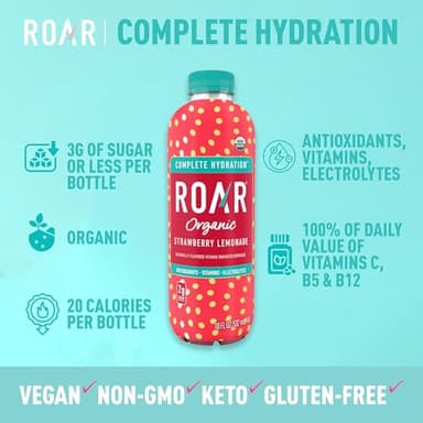 ROAR Complete Hydration Organic - Electrolyte Drinks Loaded with Vitamins C, B5, B12 - Non-GMO, Gluten-Free - Strawberry Lemonade - 12 pc - Image 2