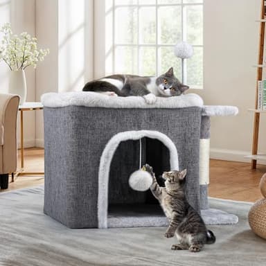 YITAHOME Cat Bed for Indoor Cats Cube House, Covered Cat House with Fluffy Ball Hanging and Nature Sisal Post,Cat Cave Bed Playhouse, Cute Cat Condo for Multi Small Pet Kitten, Grey - Image 5