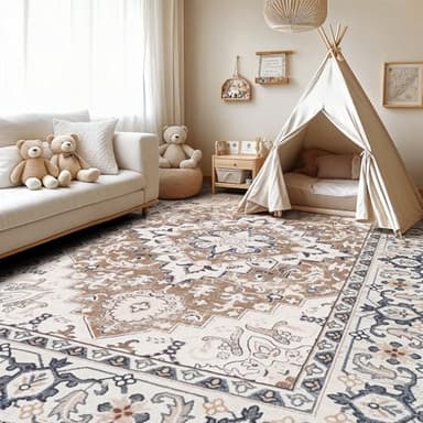 Lofus 5x7 Area Rugs for Living Room, Washable Area Rug, Rugs for Bedroom, Kitchen, Vintage Boho Carpet, Soft Non-Slip, Low Pile Large Area Rug for Office Dining Room, Floral Brown - Image 3