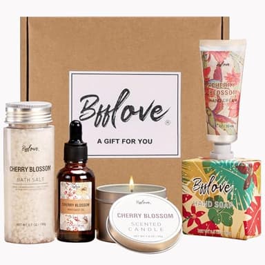 Gifts for Women BFFLOVE Gift Set for Women 5pcs Cherry Blossom Spa Set, Birthday Gifts for Her with Massage Oil, Scented Candle, Bath Salts, Hand Cream - Image 1